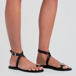 Like new retrofete Grazia Sandal in Black & Turquoise strappy leather flip flop